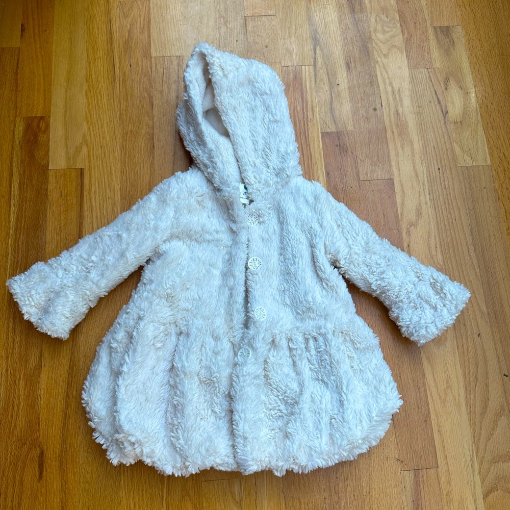 Belle Bird Fuzzy Faux Fur Toddler Buttoned Hooded Coat Jacket - Off White - 2T